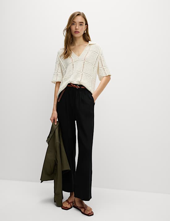 Linen Rich Wide Leg Cropped Trousers