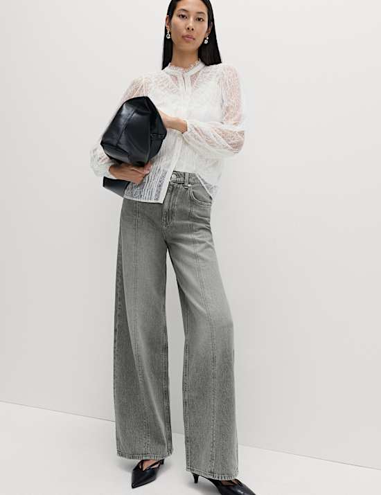 Mid Rise Seam Front Wide Leg Jeans