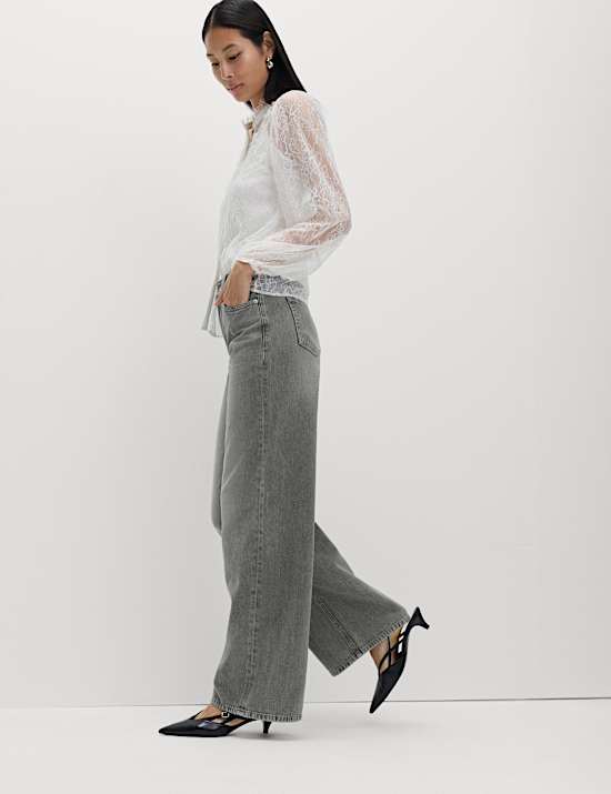 Mid Rise Seam Front Wide Leg Jeans