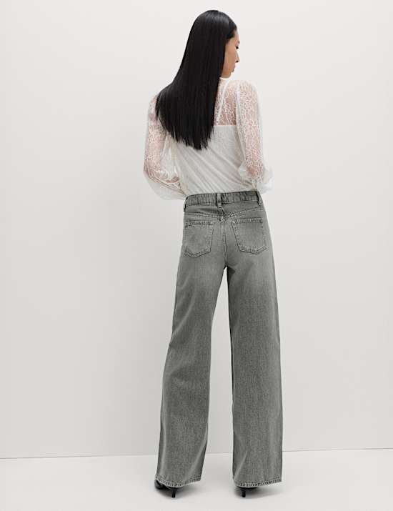 Mid Rise Seam Front Wide Leg Jeans