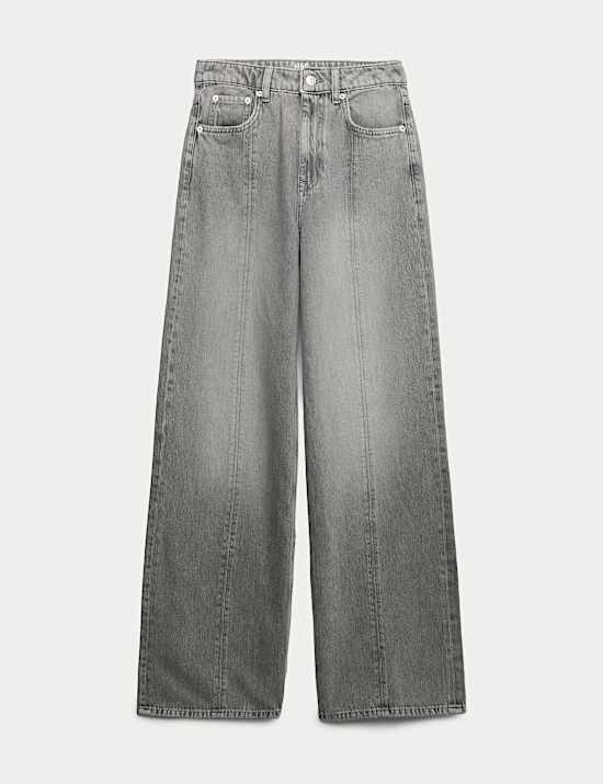 Mid Rise Seam Front Wide Leg Jeans
