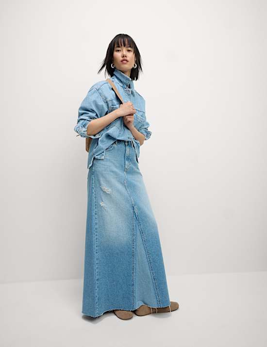 Pure Cotton Denim Maxi A-Line Skirt