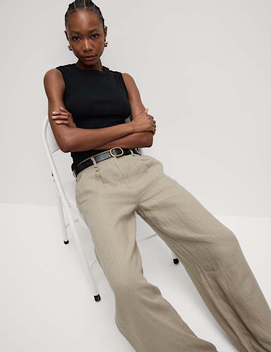 Pantalon coupe large 100 % lin