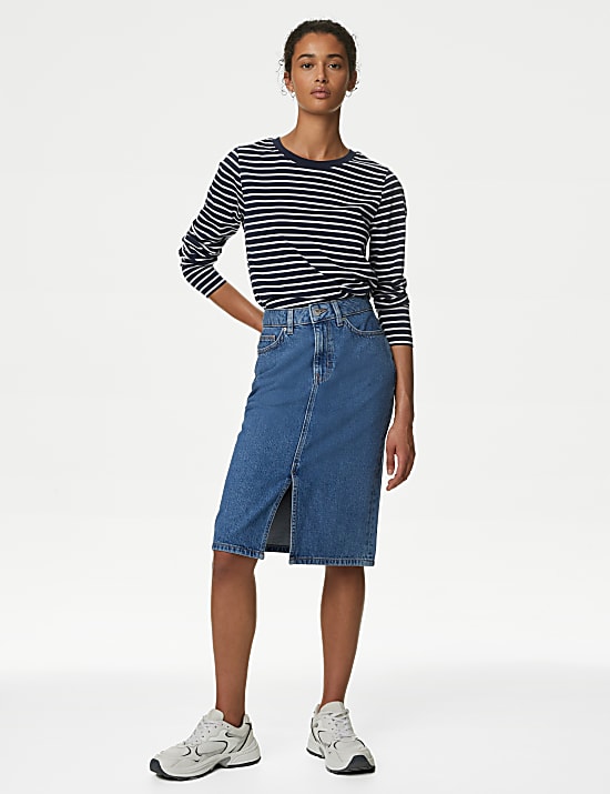 Denim Split Front Knee Length Skirt