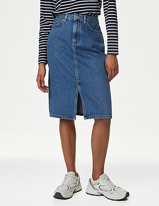 Denim Split Front Knee Length Skirt