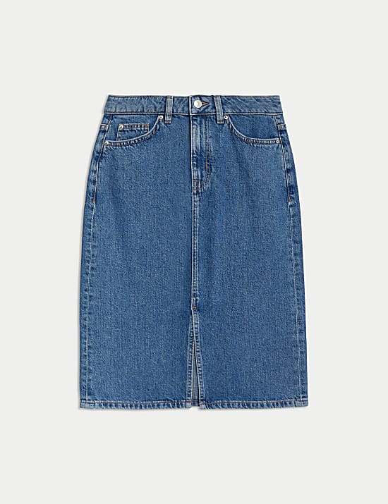 Denim Split Front Knee Length Skirt