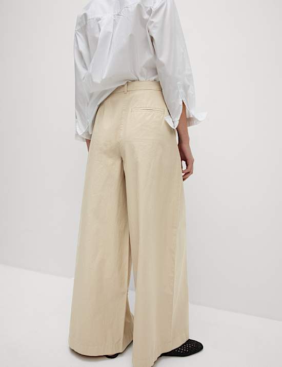 Pure Cotton Pleated Wide Leg Chinos