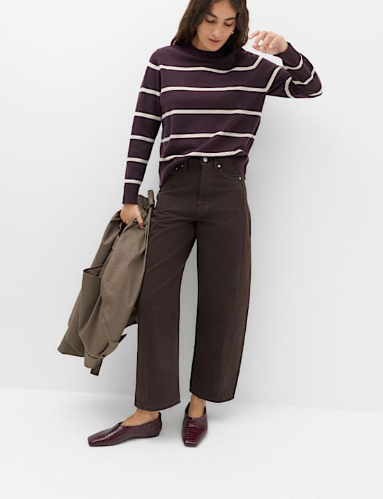 Pure Cotton High Waisted Barrel Leg Cropped Trousers