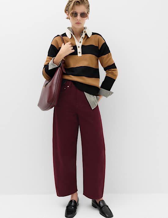 Pantalones pesquero 100 % algod&oacute;n de cintura alta y pierna barrel