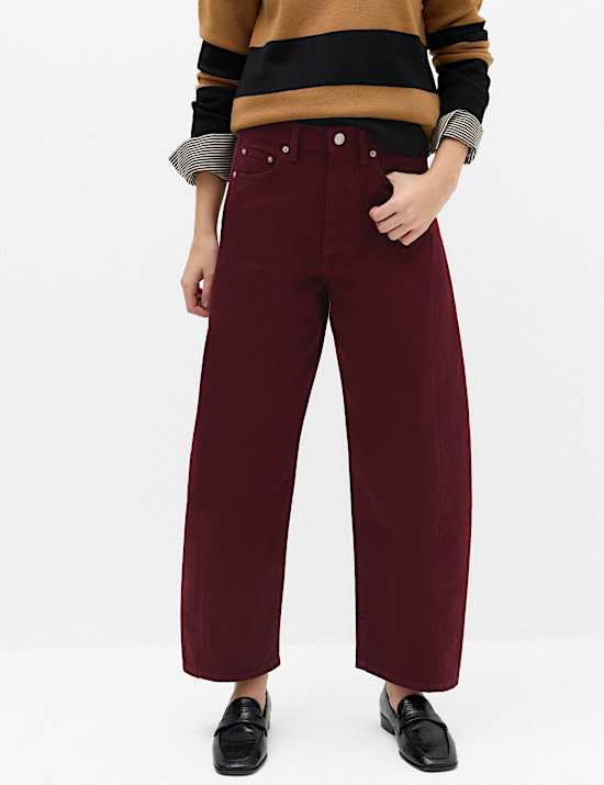 Pantalones pesquero 100 % algod&oacute;n de cintura alta y pierna barrel