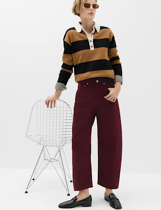 Pantalones pesquero 100 % algod&oacute;n de cintura alta y pierna barrel