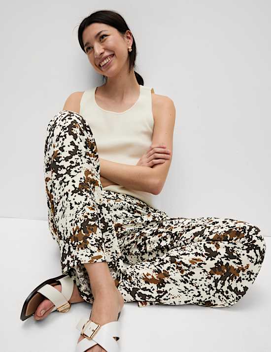 Animal Print Drawstring Wide Leg Trousers