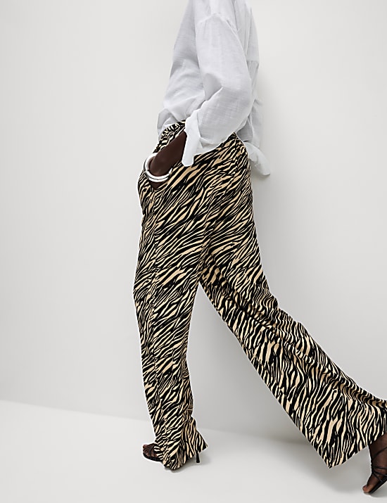 Animal Print Drawstring Wide Leg Trousers