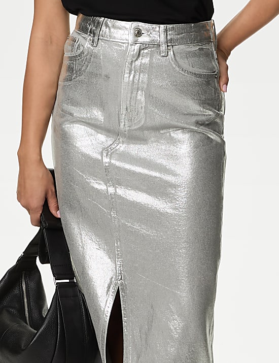 Jupe coupe longue en jean effet métallisé