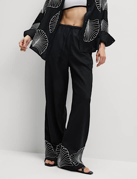 Linen Rich Drawstring Wide Leg Trousers