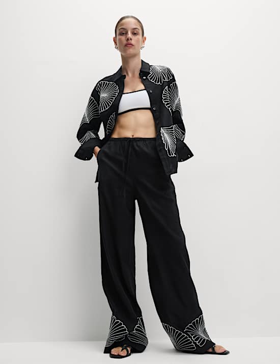 Linen Rich Drawstring Wide Leg Trousers