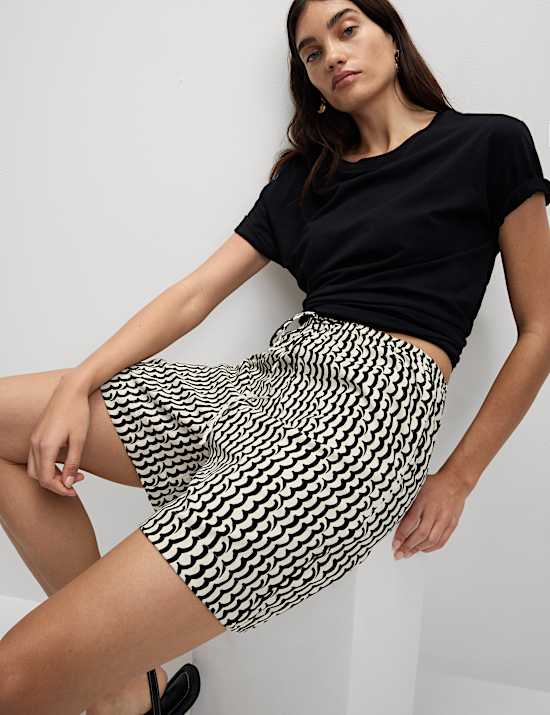 Printed Pure Twill High Waisted Shorts