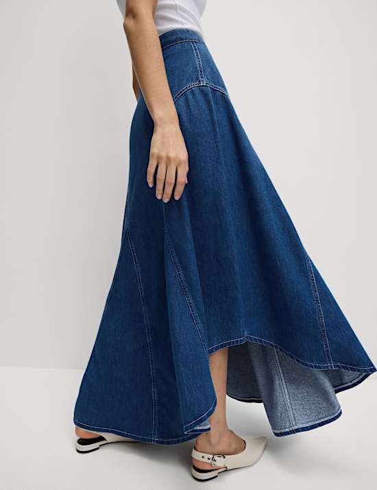 Falda maxi denim asim&eacute;trica de cintura alta