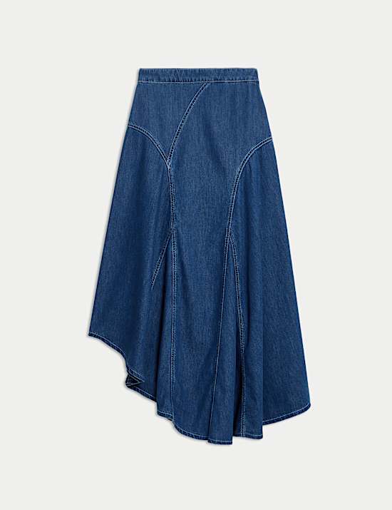 Falda maxi denim asim&eacute;trica de cintura alta