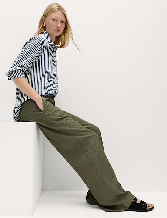 Crinkle Elasticated Waist Wide Leg Trousers