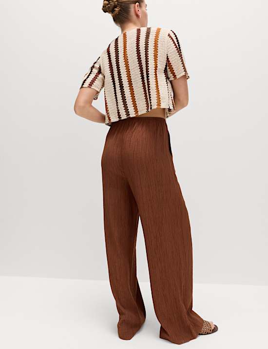 Crinkle Elasticated Waist Wide Leg Trousers
