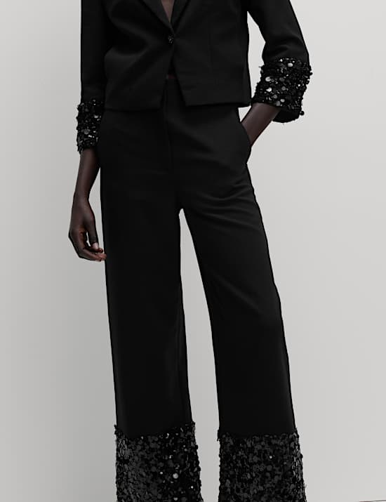 Sequin Paneled Straight Ankle Grazer Trousers