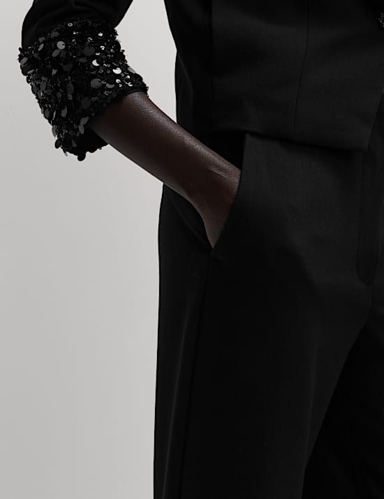 Sequin Paneled Straight Ankle Grazer Trousers