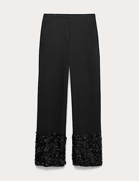Sequin Paneled Straight Ankle Grazer Trousers