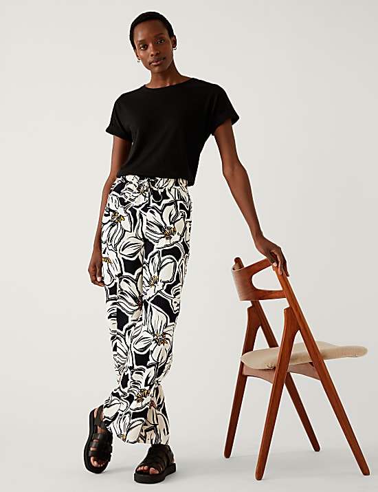 Crepe Printed Drawstring Wide Leg Trousers