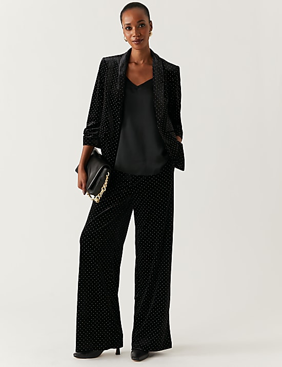 Velvet Studded Wide Leg Trousers