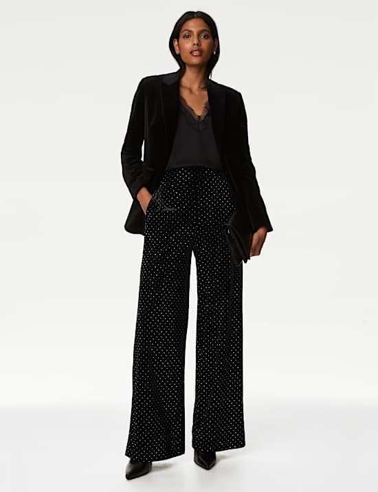 Velvet Diamante Pull On Wide Leg Trousers