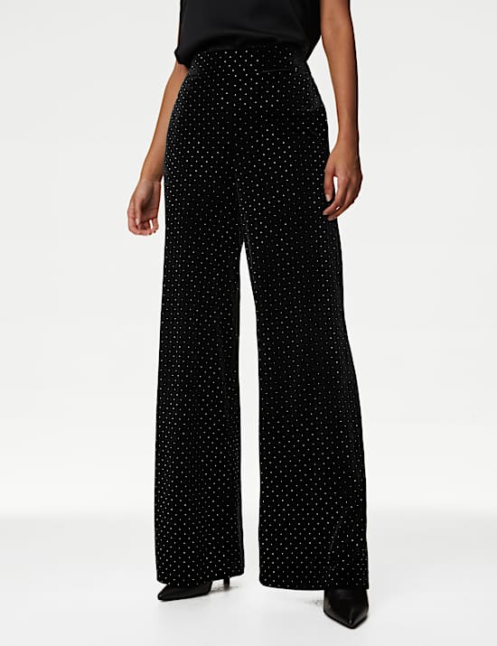 Velvet Diamante Pull On Wide Leg Trousers