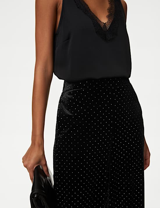 Velvet Diamante Pull On Wide Leg Trousers