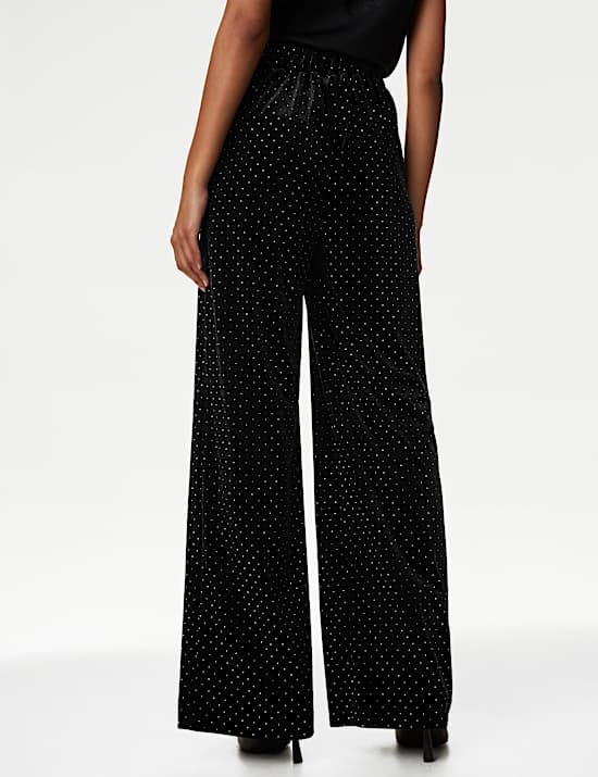Velvet Diamante Pull On Wide Leg Trousers