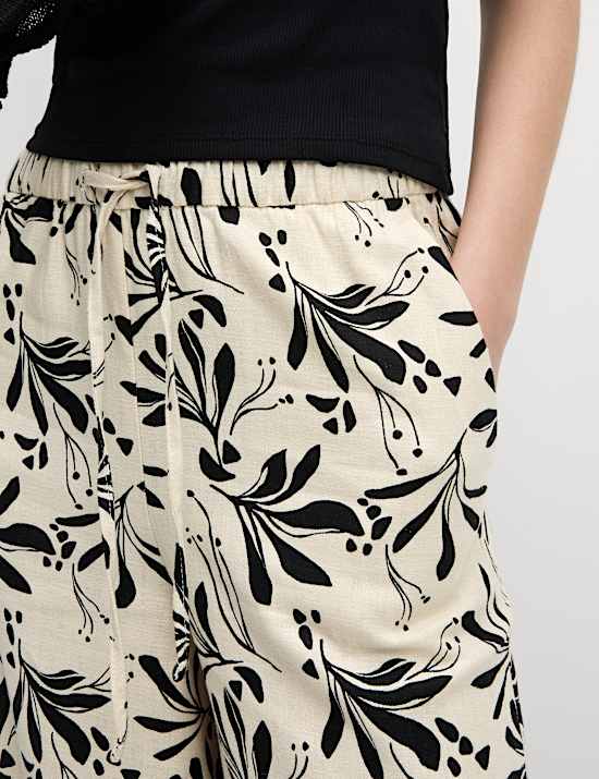 Linen Rich Printed Wide Leg Trousers