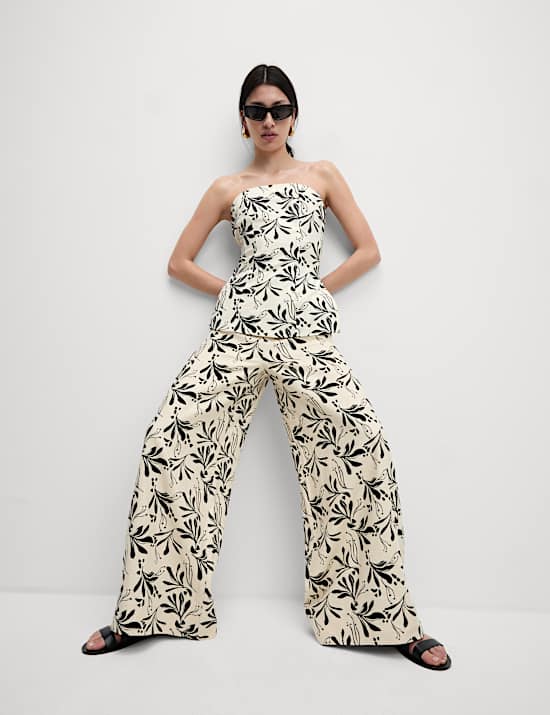 Linen Rich Printed Wide Leg Trousers
