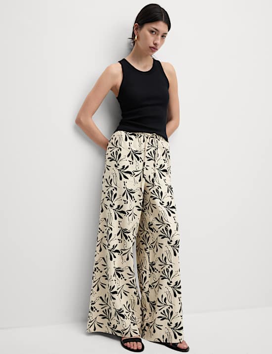 Linen Rich Printed Wide Leg Trousers