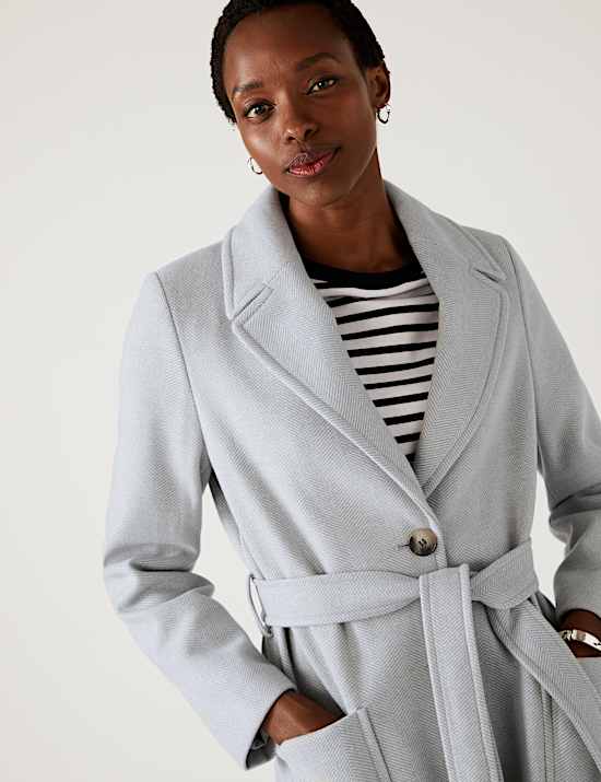 Herringbone Belted Tailored Coat