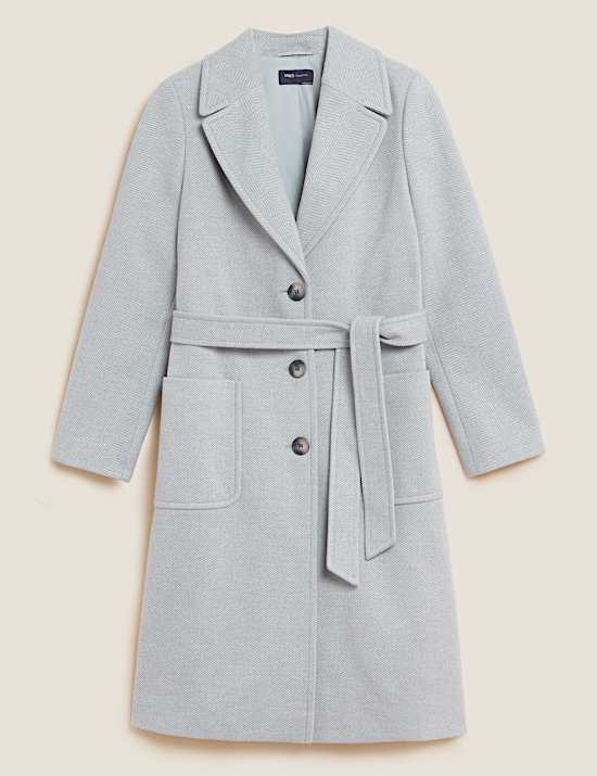 Herringbone Belted Tailored Coat