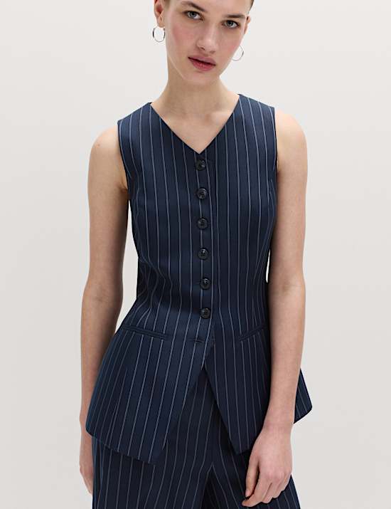 Tailored Pinstripe Cinched Waist Longline Waistcoat