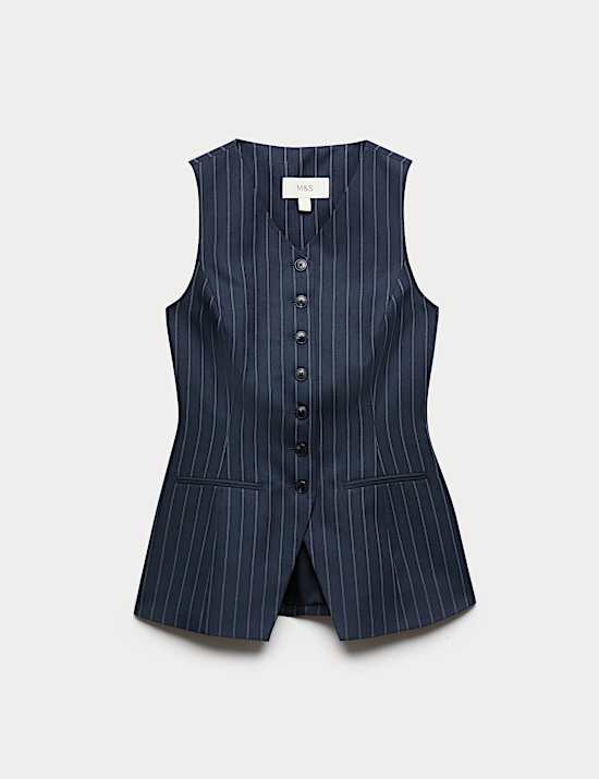 Tailored Pinstripe Cinched Waist Longline Waistcoat