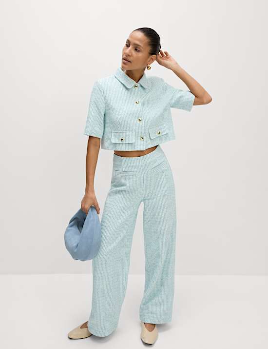 Boucle Tweed Textured Wide Leg Trousers