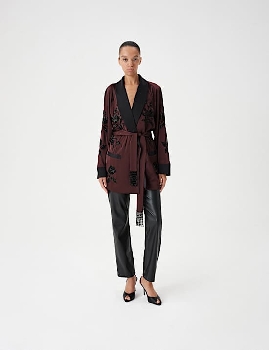 Embellished Shawl Collar Satin  Kimono Jacket
