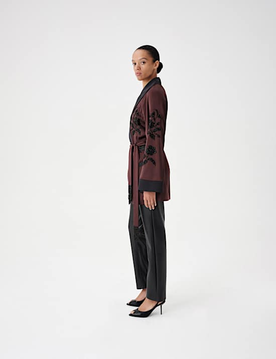 Embellished Shawl Collar Satin  Kimono Jacket