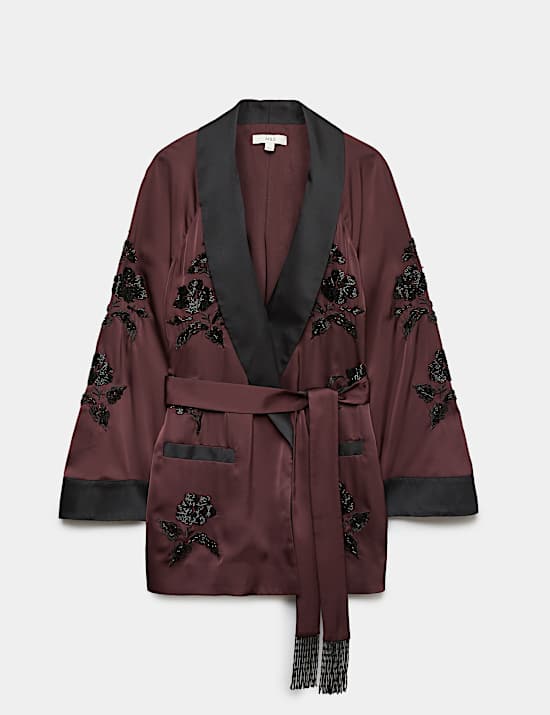 Embellished Shawl Collar Satin  Kimono Jacket