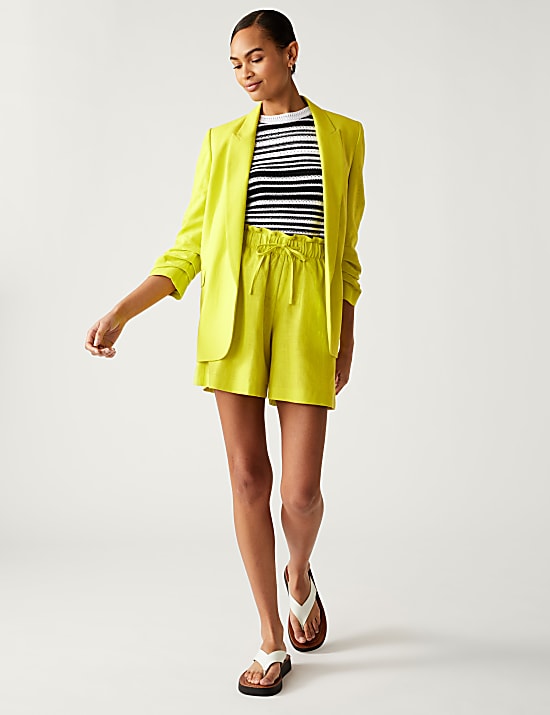 Linen Blend Ruched Sleeve Blazer