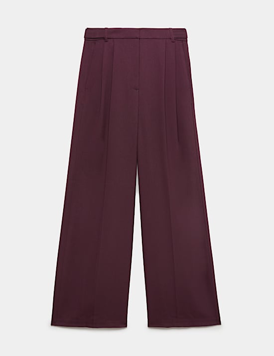 Double Pleated Side Tab Wide Leg Trousers