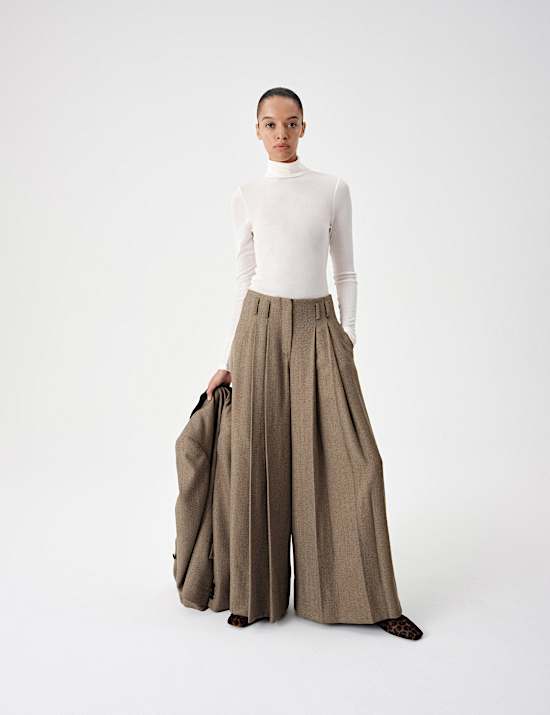Tweed Herringbone Pleated Wide Leg Trousers
