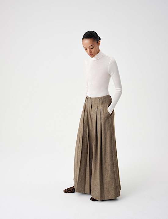 Tweed Herringbone Pleated Wide Leg Trousers