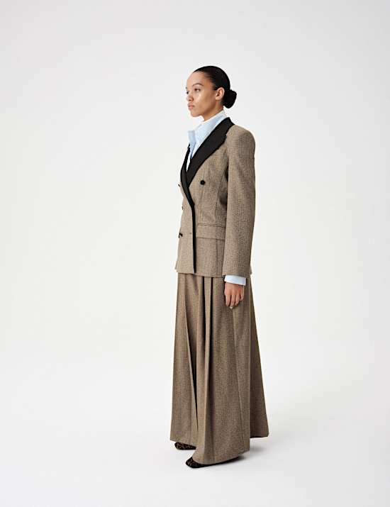 Tweed Herringbone Pleated Wide Leg Trousers